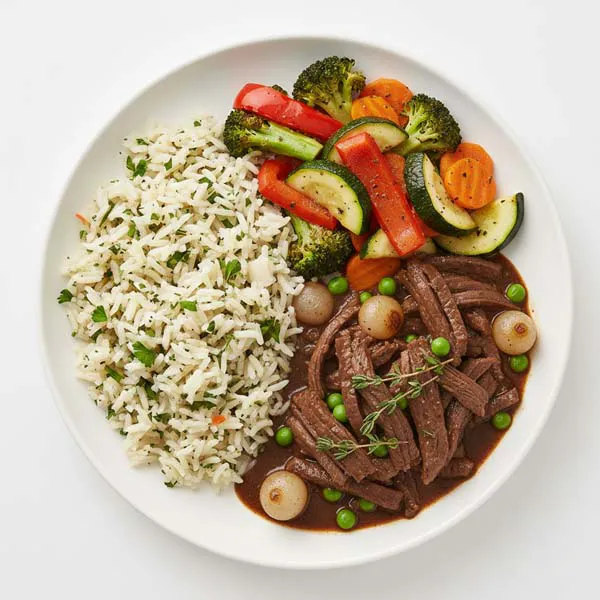 Woodland Beef With Herbed Rice And Oven Baked Vegetable